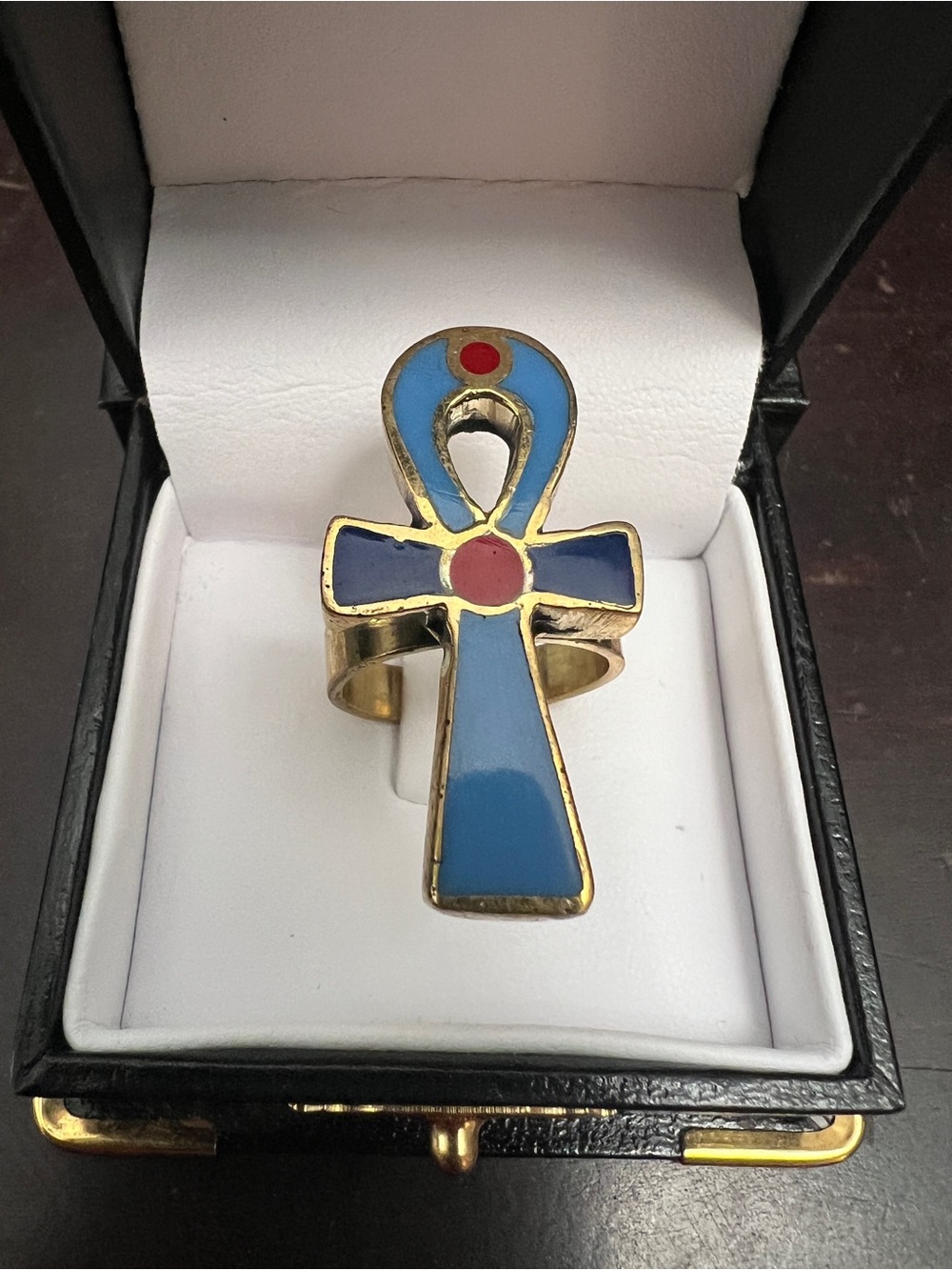 Egyptian Ankh Enamel Statement Ring - Blue & Red